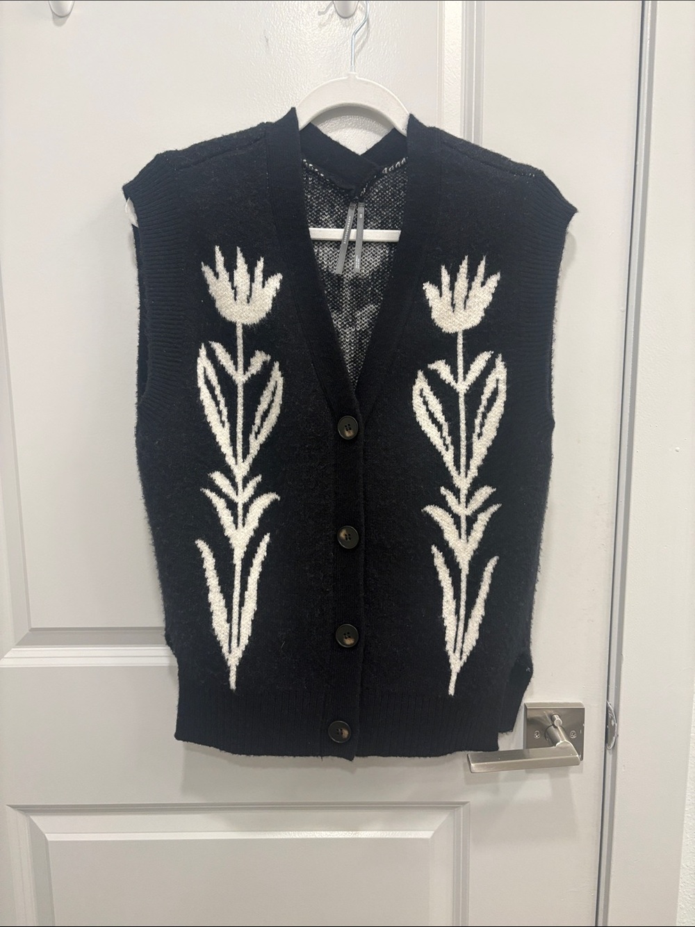 Anthropologie Black Sweater Vest with White Floral Intarsia